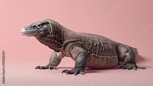 a Komodo dragon Roaming  studio shot  against solid color background  hyperrealistic photography  blank space for writing