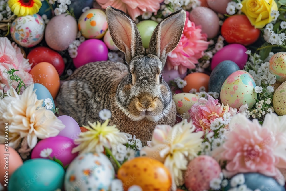 A plant statue of a rabbit with a backdrop of Easter eggs and flowers, set in a natural foodthemed event with a pattern of fruits and local foods, surrounded by grass AIG42E
