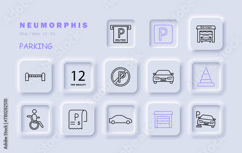 Tax, parking set icon. Garage, check, invoice, machine, car, ban, fence, cone, pitstop, P, warehouse, silhouette, sign, , man, wheelchair, design, interface. Vector line icon.