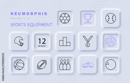 Sports set icon. Shoes, soccer ball, skittles, podium, medal, first place, rugby, volleyball, bowling ball, outdoor activity, useful hobby. Healthy lifestyle concept. Vector line icon.