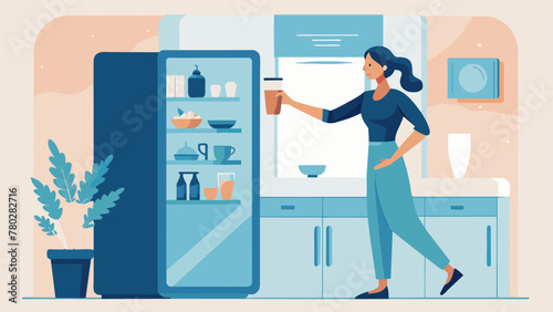 An image of a woman reaching for a filtered water pitcher in her fridge with the words Say goodbye to constantly buying bottled water and hello
