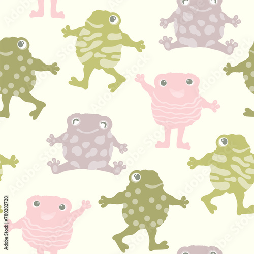 Fototapeta Naklejka Na Ścianę i Meble -  Cute smiling frogs seamless pattern. Cartoon character print in a simple children's style. Vector illustration in pastel vintage palette. Suitable for children's fabrics and wallpaper.