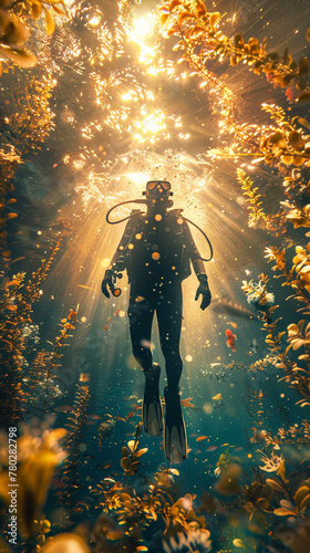 Deep-sea diver, wetsuit, courageous explorer, discovering the wonders of an underwater world, bringing hope and healing to the surface Realistic, golden hour, Lens Flare