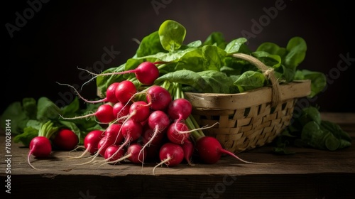 Rustic basket filled with vibrant radishes