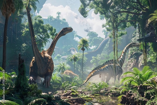 Stunning prehistoric landscape Complete with towering dinosaurs and lush greenery.