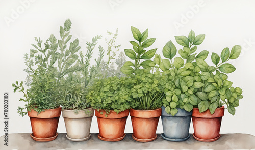 Watercolor illustration of herbs like rosemary, thyme, basil growing in pots on white background. Home herbarium photo