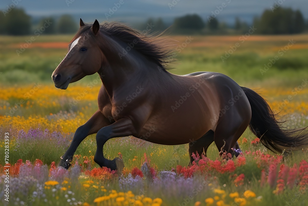 Obraz premium A majestic horse galloping through a field of wildflowers, its mane flowing in the wind and its powerful muscles rippling under its sleek coat.