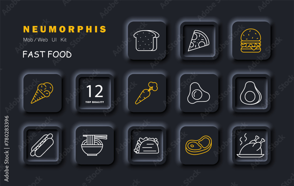 Delicacy set icon. Bread, shawarma, eggs, fried eggs, ice cream, carrots, steak, burger, sausage in dough, grilled chicken, pizza, noodles, street food, unusual food. Vector line icon. Delicacy set icon. Bread, shawarma, eggs, fried eggs, ice cream, carrots, steak, burger, sausage in dough, grilled chicken, pizza, noodles, street food, unusual food. Vector line icon.
