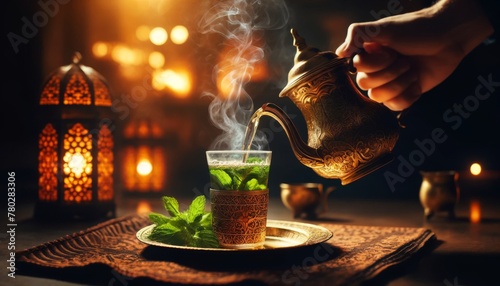 This image in a 16_9 ratio should feature a close-up of a hand pouring steaming hot mint tea into an ornate, traditional glass. photo