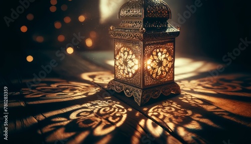 This image should be a close-up in a 16_9 ratio, showcasing a beautifully ornate Ramadan lantern casting intricate shadows onto an old wooden table. photo