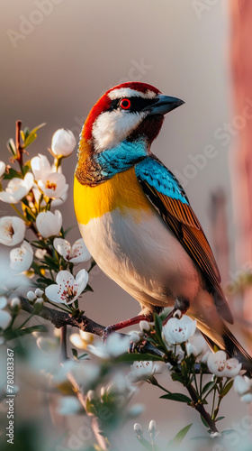 A colorful bird standing on a branch of a tree with white flowers in bloom, brightly colored bird, sunlight shining on the bird, pink wall, minimalist scene © Dmitriy