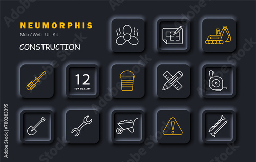 Construction set icon. Equipment, numbering, fan, heavy equipment, shovel, nails, pencil, ruler, warning sign, screwdriver, wrench. Construction equipment concept. Vector line icon.