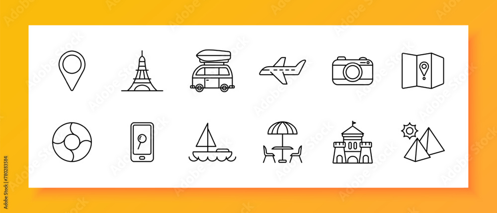 Travel set icon. Sights, geolocation, castle, pyramids, sun, tourism, Eiffel Tower, map, location, culture, yacht, plane, camera, search, phone, car, recreation, entertainment. Vector line icon.