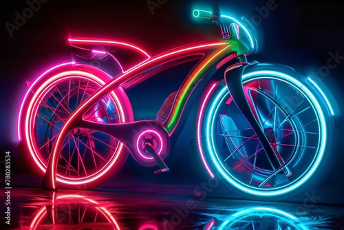 A bicycle with bright lights attached to its frame illuminates the surroundings in the darkness