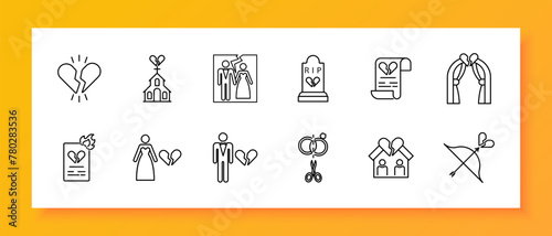 Divorce set icon. Document, broken heart, burning paper, breakup, separate, bride, wedding dress, bow, grave, photo card, split, crown. Parting, ending a relationship concept. Vector line icon.