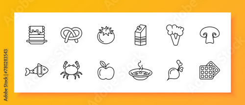 Food set icon. Fish, tomato, pastries, milk, crab, pancakes, apple, natural products, mushrooms, radishes, soup, hot, delicacies, unusual food. Healthy eating concept. Vector line icon.