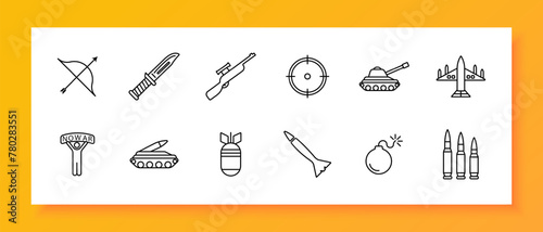Weapon set icon. Tank, man, banner, no war, artillery, plane, bomber, military equipment, bow, rifle, knife, rocket. Third world countries and military operations in them concept. Vector line icon.