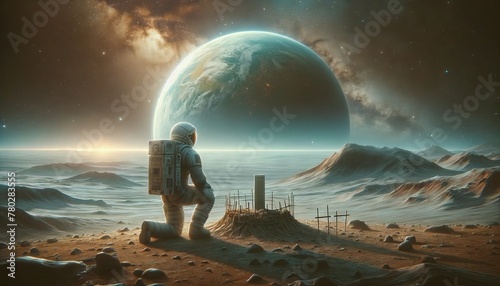 A lone astronaut kneeling before a makeshift memorial on a barren alien landscape, the Earth visible in the distant sky. photo