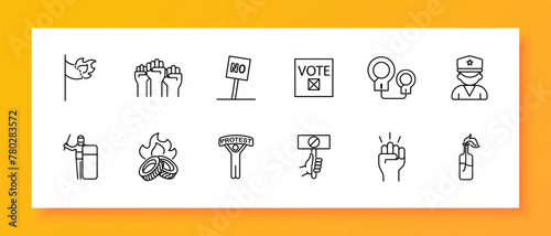 Uprising icon set. Flag, fire, banner, no, ban, handcuffs, police, burning tires, voice, man, silhouette, Molotov cocktail, .  The concept of the fight against the regime. Vector line icon.
