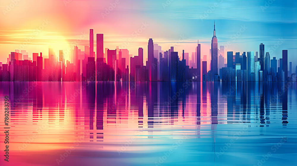 Colorful Urban Skyline at Dusk, Abstract and Artistic Cityscape, Modern Architecture and Design
