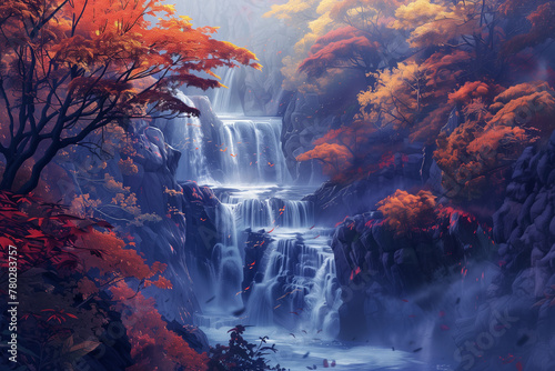 Mystical waterfall, surrounded by autumn trees in fog, exudes tranquility and vibrant seasonal beauty