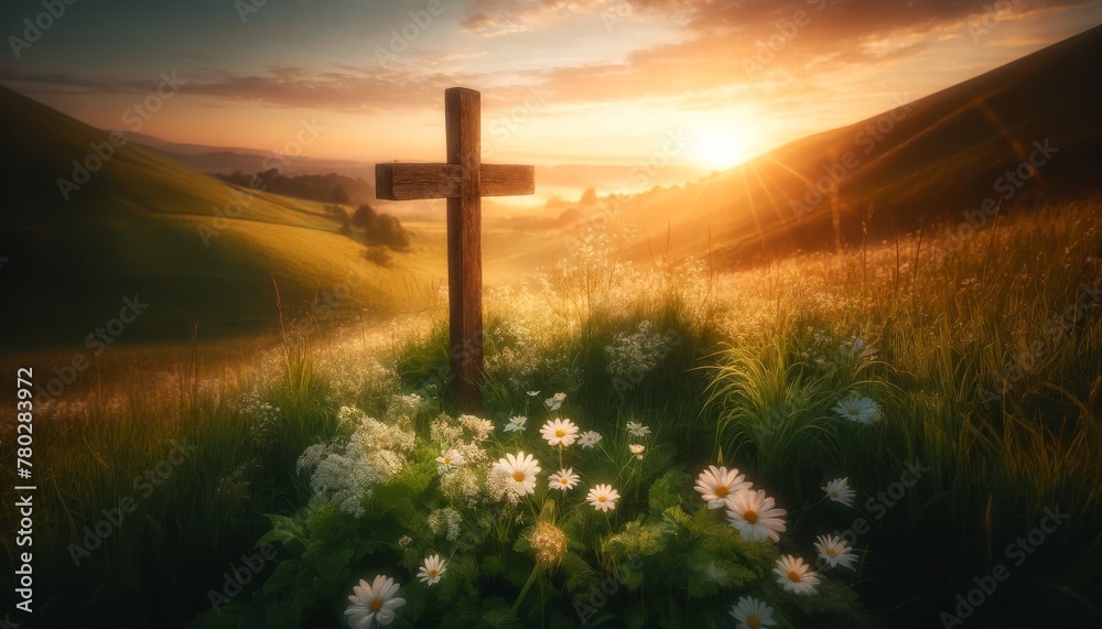 A solitary wooden cross on a hill with white flowers dotting the green landscape around it, under a sunrise sky. A solitary wooden cross on a hill with white flowers dotting the green landscape around it, under a sunrise sky.