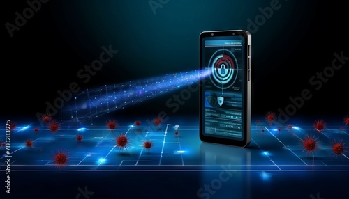 Visualize a smartphone with an advanced anti-malware and antivirus system dashboard on the screen, actively monitoring and protecting sensitive inform. photo