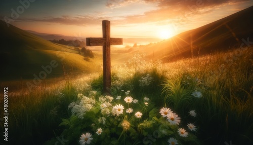 A solitary wooden cross on a hill with white flowers dotting the green landscape around it, under a sunrise sky. © FantasyLand86