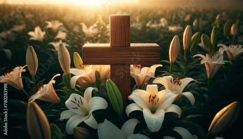 A close-up of a wooden cross nestled in a field of blooming lilies, with morning dew on the petals. photo