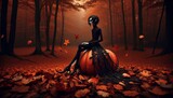 Create an image of a slender, gothic character similar to the one from the uploaded image, sitting on a large pumpkin in a field of fallen autumn leaves.