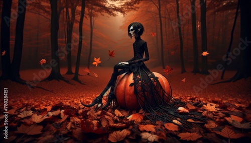 Create an image of a slender, gothic character similar to the one from the uploaded image, sitting on a large pumpkin in a field of fallen autumn leaves. photo