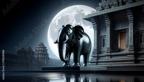 An elephant with a body of smooth, dark marble, set against a backdrop of an ancient temple in moonlight.