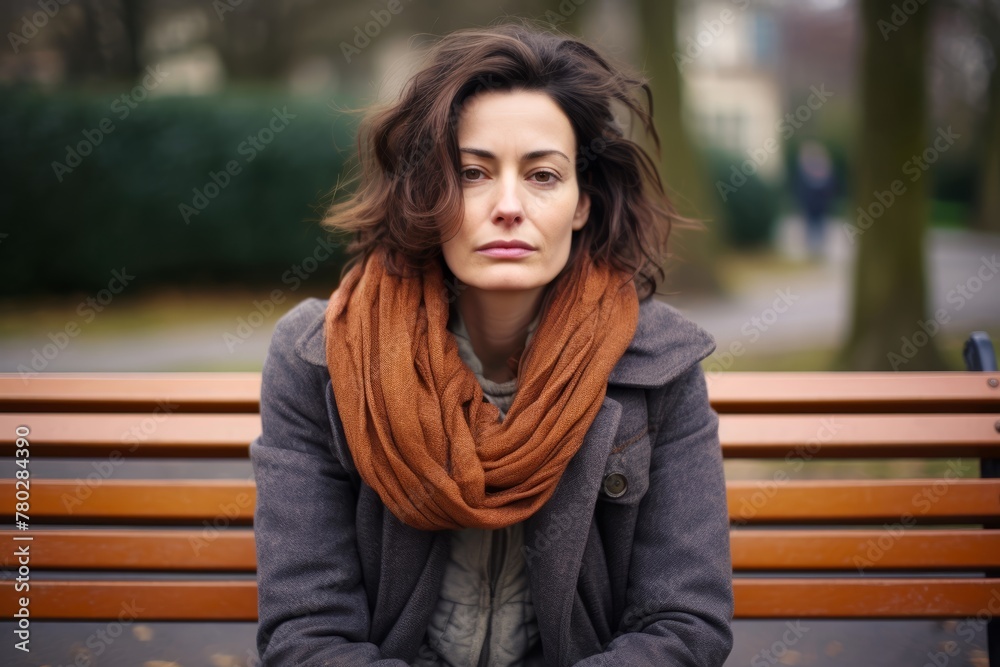 Photo of a European woman, around 45 years old, sitting on a bench in the park, holding her stomach due to cramps Photo of a European woman, around 45 years old, sitting on a bench in the park, holding her stomach due to cramps