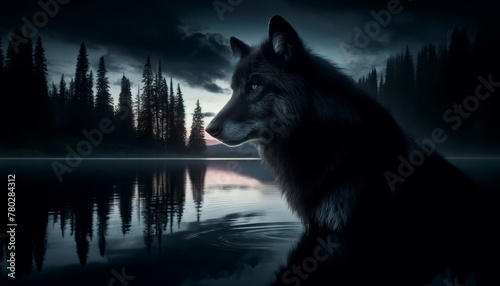 Capture the scene of a dark, enigmatic wolf by the serene reflection of a still mountain lake at twilight.