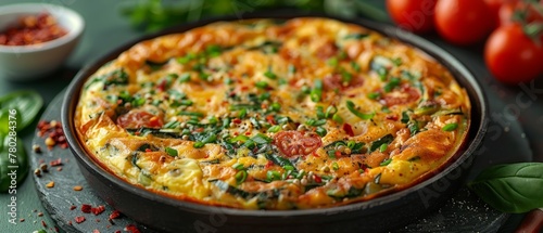 Spring vegetable frittata in a cast iron skillet. Healthy cooking and seasonal eating concept. Design for cookbook, cooking blog, food magazine.