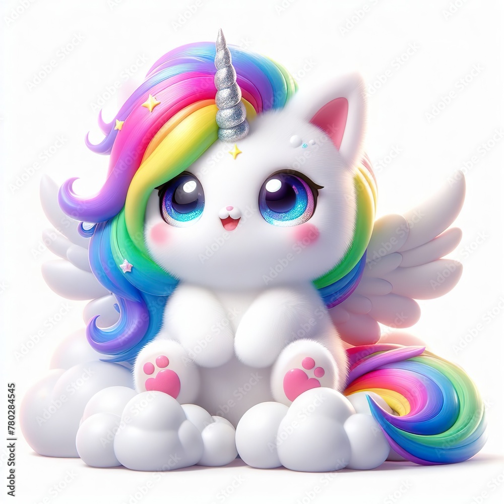 Fluffy 3D image of caticorn with white wings and rainbow mane, very cute, deep sparkly eyes, smiling a lot, white background
