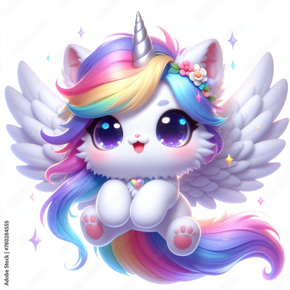 Fluffy 3D image of caticorn with white wings and rainbow mane, very cute, deep sparkly eyes, smiling a lot, white background