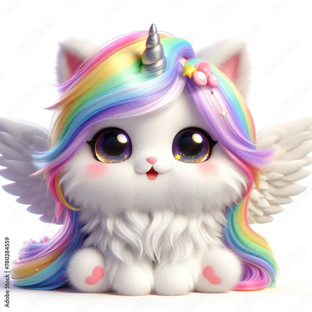 Fototapeta premium Fluffy 3D image of caticorn with white wings and rainbow mane, very cute, deep sparkly eyes, smiling a lot, white background