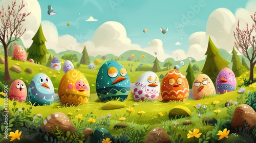 A cluster of Easter eggs rests atop a grassy hill, surrounded by the beauty of nature. The colorful eggs contrast against the greenery, under a clear blue sky AIG42E