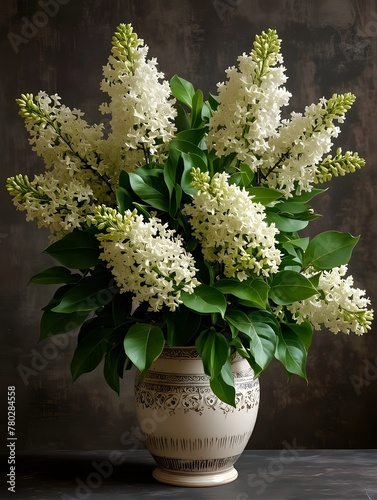 A bouquet of white lush lilacs in a ceramic vase on a table