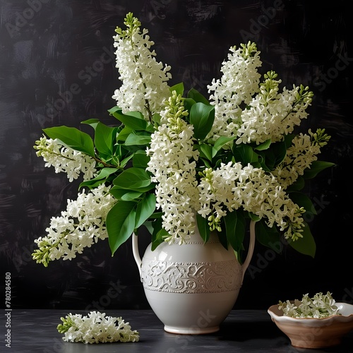 A bouquet of white lush lilacs in a ceramic vase on a table