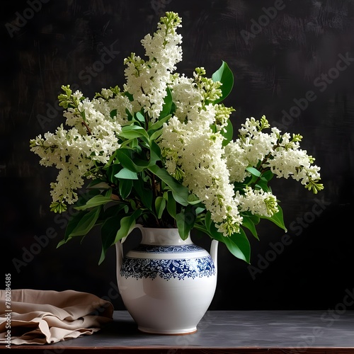 A bouquet of white lush lilacs in a ceramic vase on a table