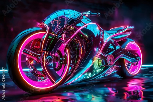 A motorcycle with vibrant neon lights attached to the front wheel, adding a colorful and eye-catching element to the vehicle