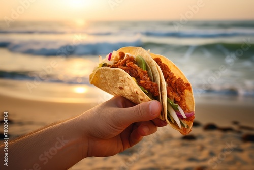 A person holding a Poke Taco by the seaside, with waves crashing in the background, against a sandy beach backdrop, blending culinary enjoyment with the beauty of nature