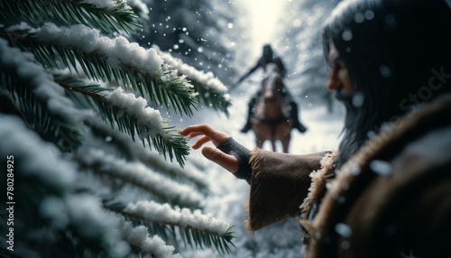 A detailed image of a character on horseback reaching out to touch the snowy pine needles as they pass. photo