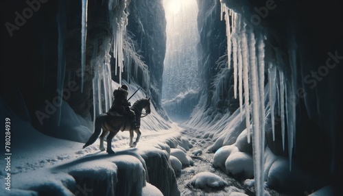 A detailed image of a character on horseback passing through a narrow canyon with icicles hanging from the rocky walls.