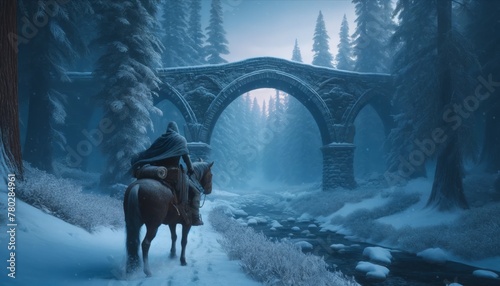 An image showing a cloaked character on horseback approaching an ancient stone bridge covered in snow. photo