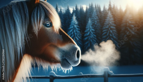 A close-up image showcasing the horse exhaling in the cold, with its breath visible in the crisp winter air.