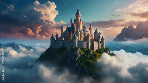 Castle on the hill. 3d render fairy land. Cloud space