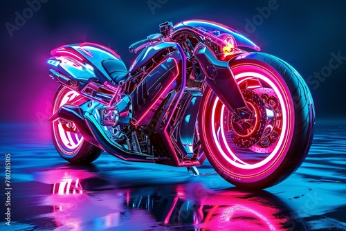 A motorcycle with vibrant neon lights attached to the front wheel, adding a colorful and eye-catching element to the vehicle photo